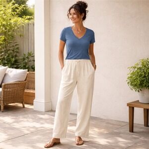 Coldwater Creek Linen Blend Pants 1X Lagenlook Elastic Waist Coastal Relaxed